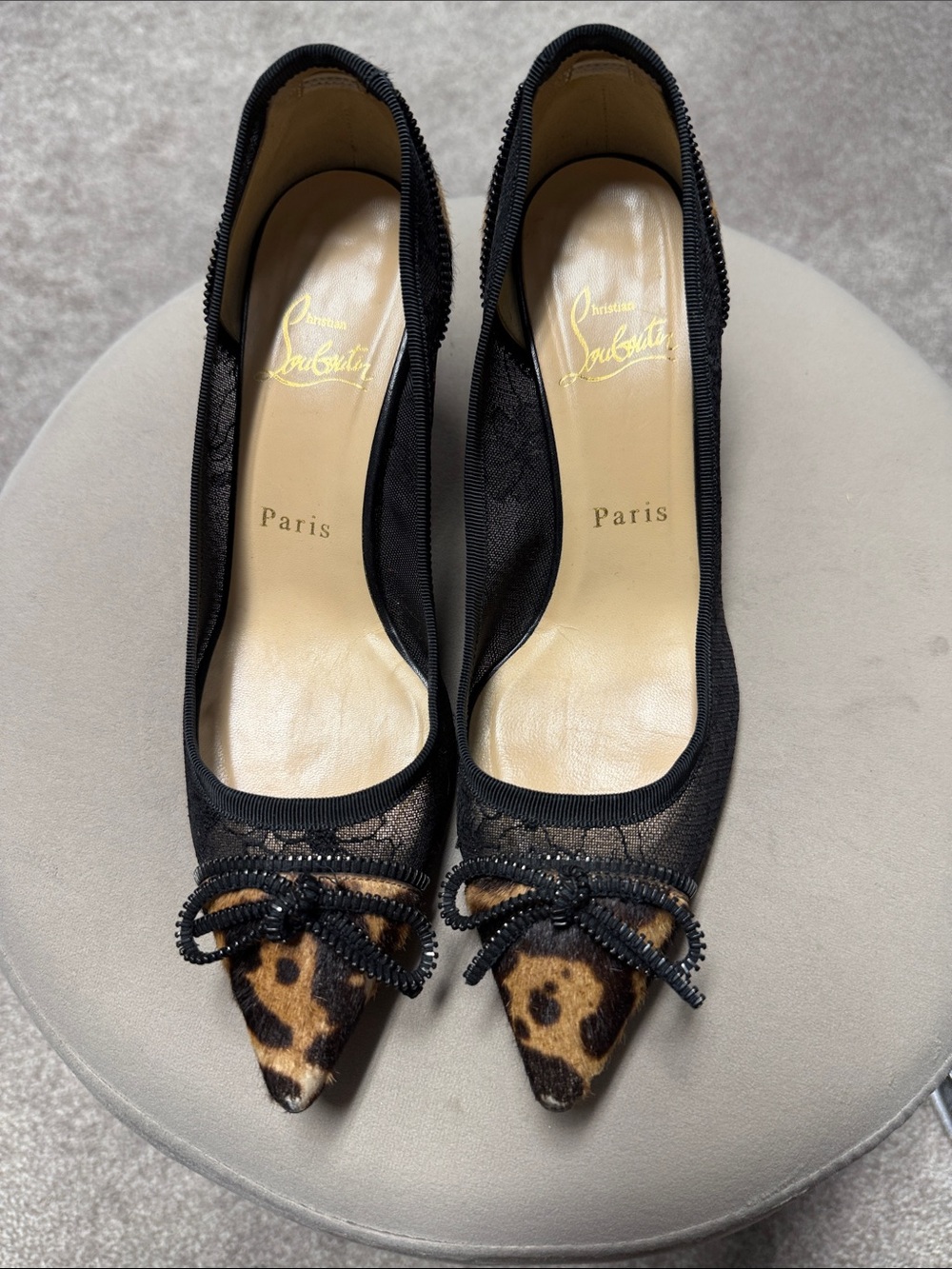 Christian Louboutin Black Lace Pumps with Leopard Toe and Bow Accent